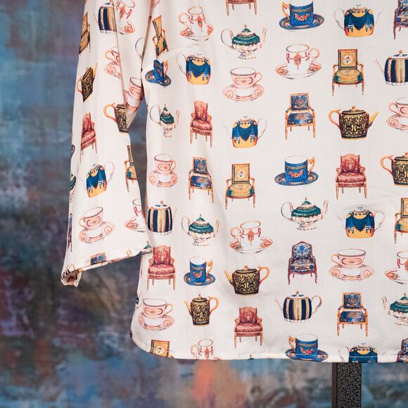 Talbots Tea Party Theme Blouse Women's SMALL Colorful Satin Cups Chairs England - Picture 3 of 7